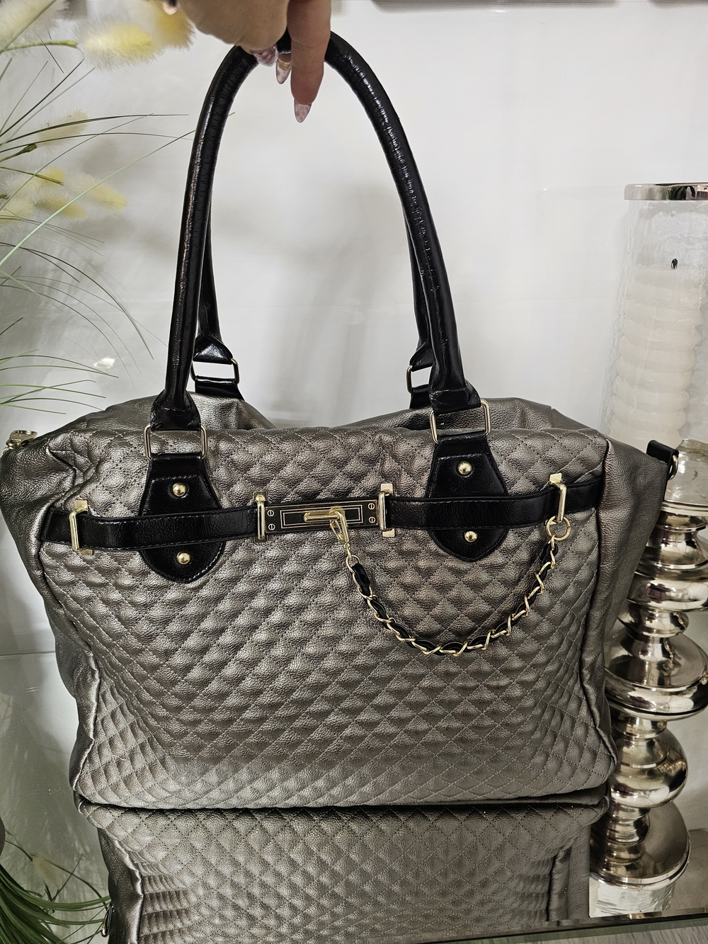 Steve Madden Quilted Metallic Gray Tote with Black Trim